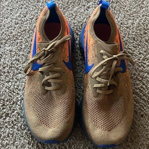 Nike Brown and Orange Knit Sneakers with Blue Swoosh